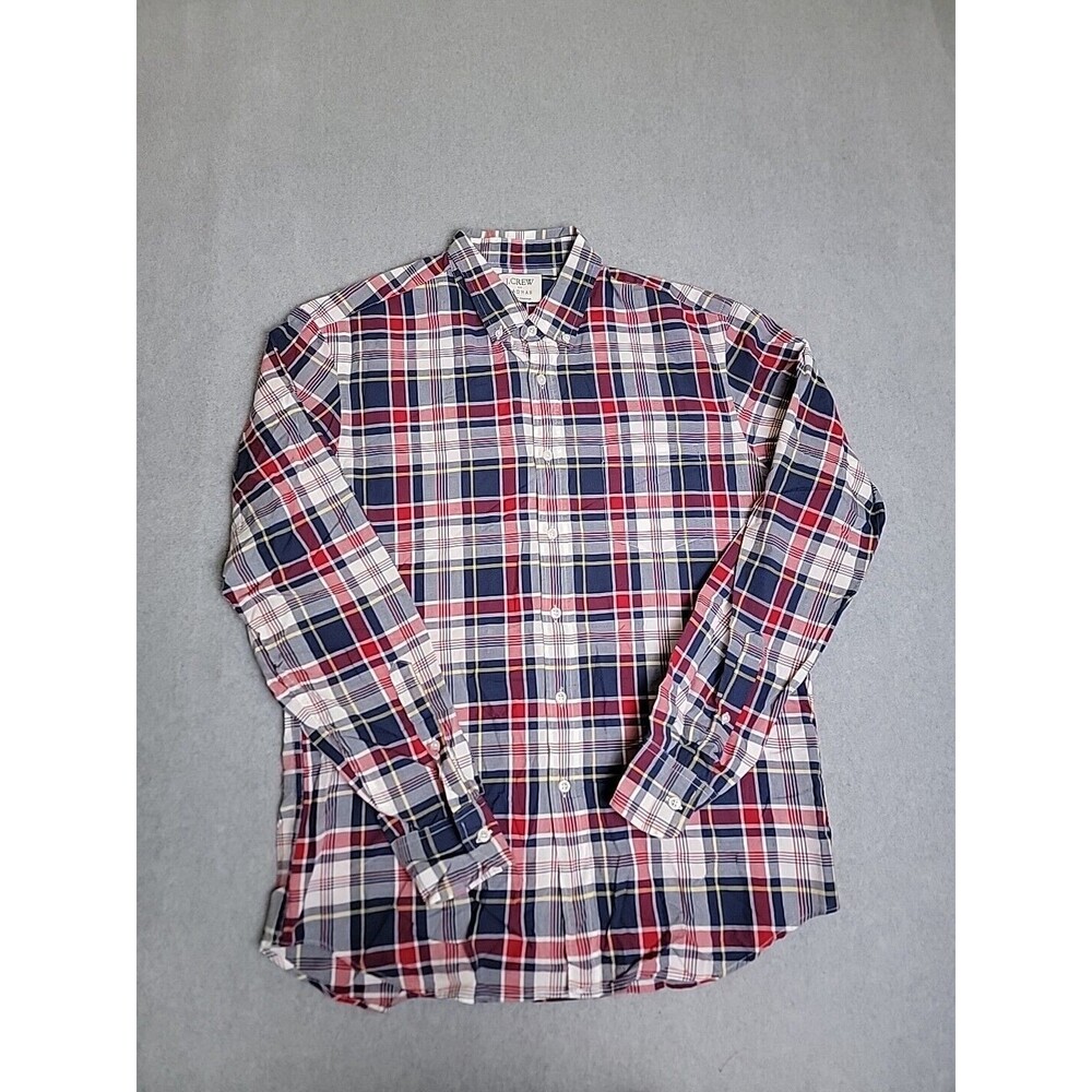 J Crew Madras Shirt Mens L Button Red Blue Cotton Preppy Long Sleeve Dad Pocket